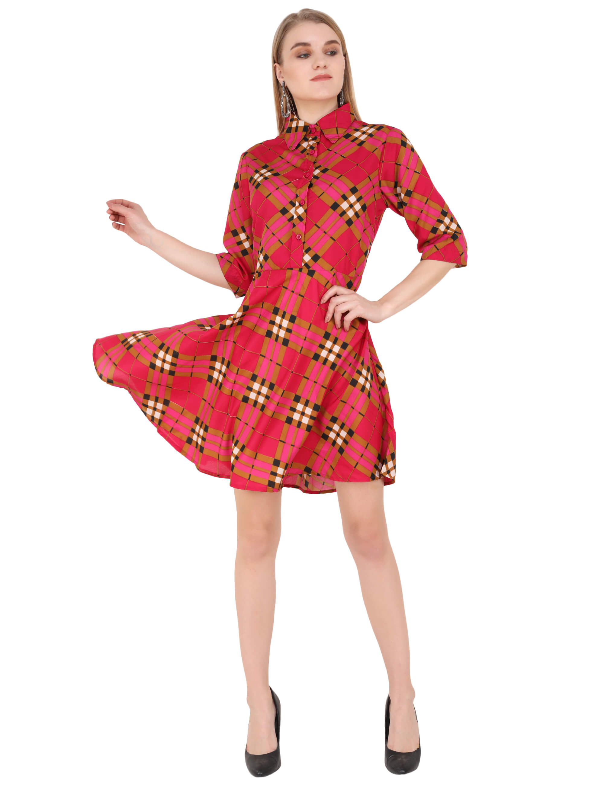 Emeros Women Red Buttonup Shirt Collar Fit & Flare Dress